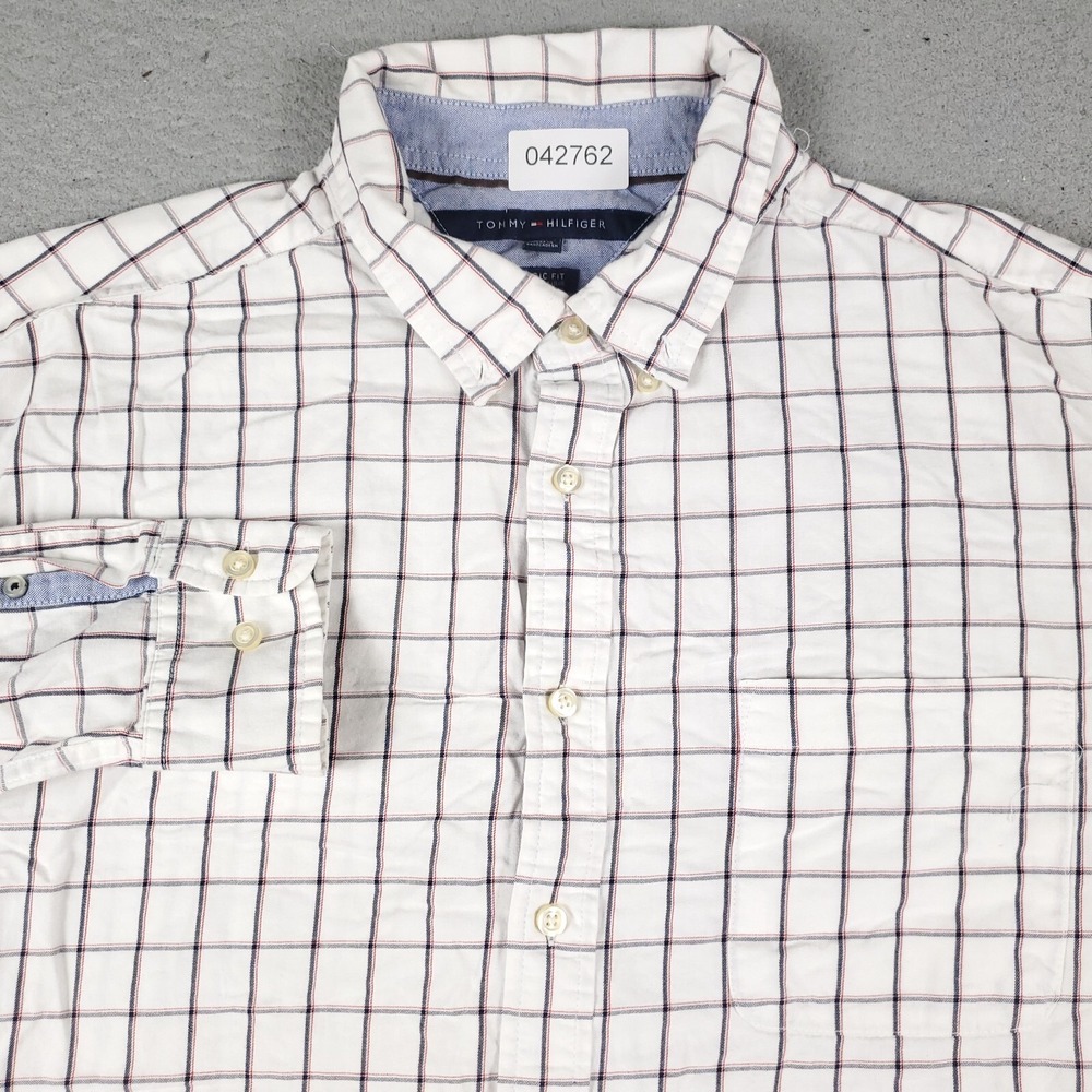 Tommy Hilfiger Shirt Mens 2XL White Blue Check Casual Button Up Long Sleeve